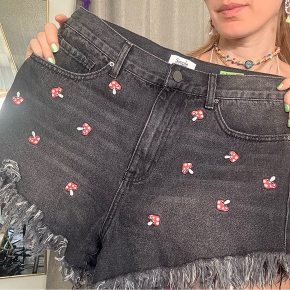 Simple Society Pants - Simple Black Denim Shorts with Red Mushroom Embroidery Detail